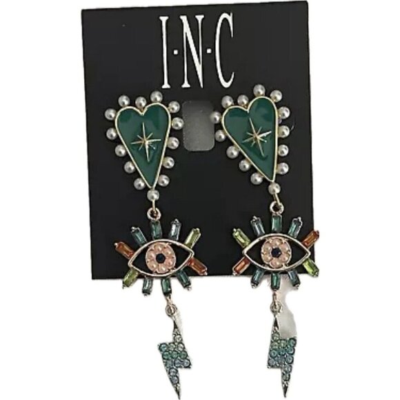 INC Teal Heart -Evil Eye- Bolt Pearl Crystal Detail Triple Drop Linear Earrings - Picture 2 of 3